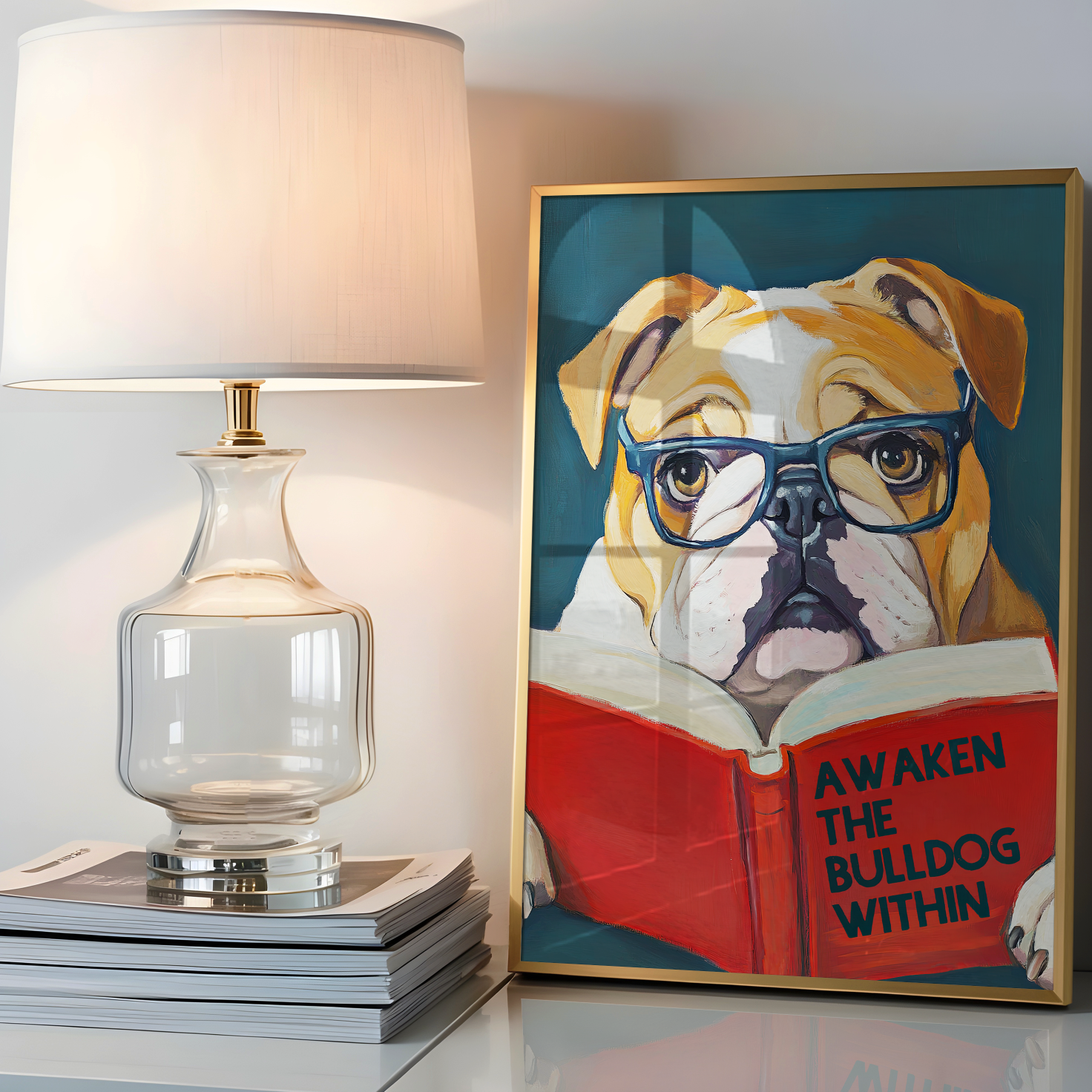 Awaken the Bulldog Poster – Book Lovers Literary Wall Art, Motivational Quote, Funny Bulldog Illustration, Cozy Reading Nook Decor