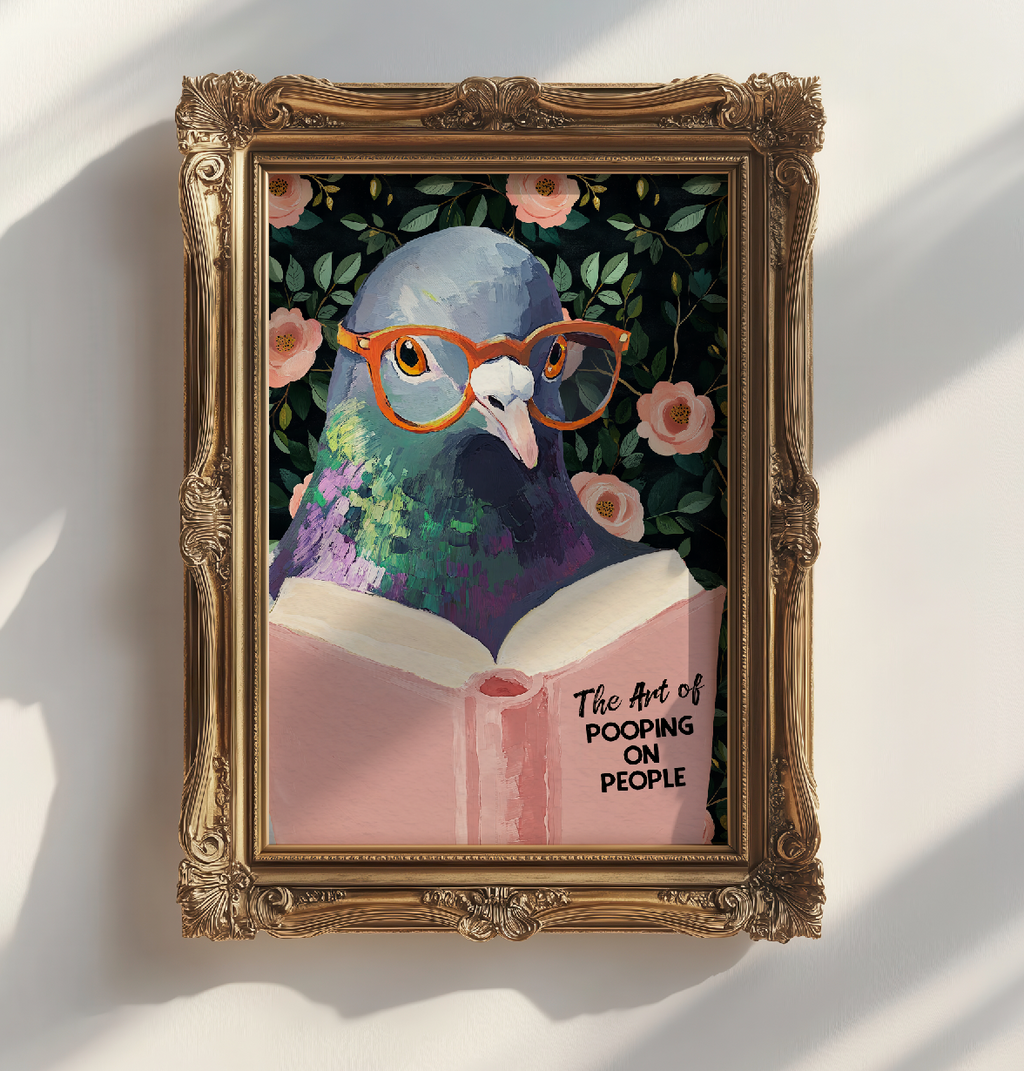 The Art of Pooping on People Funny Pigeon Pink Book Reading Literary Wall Art Print