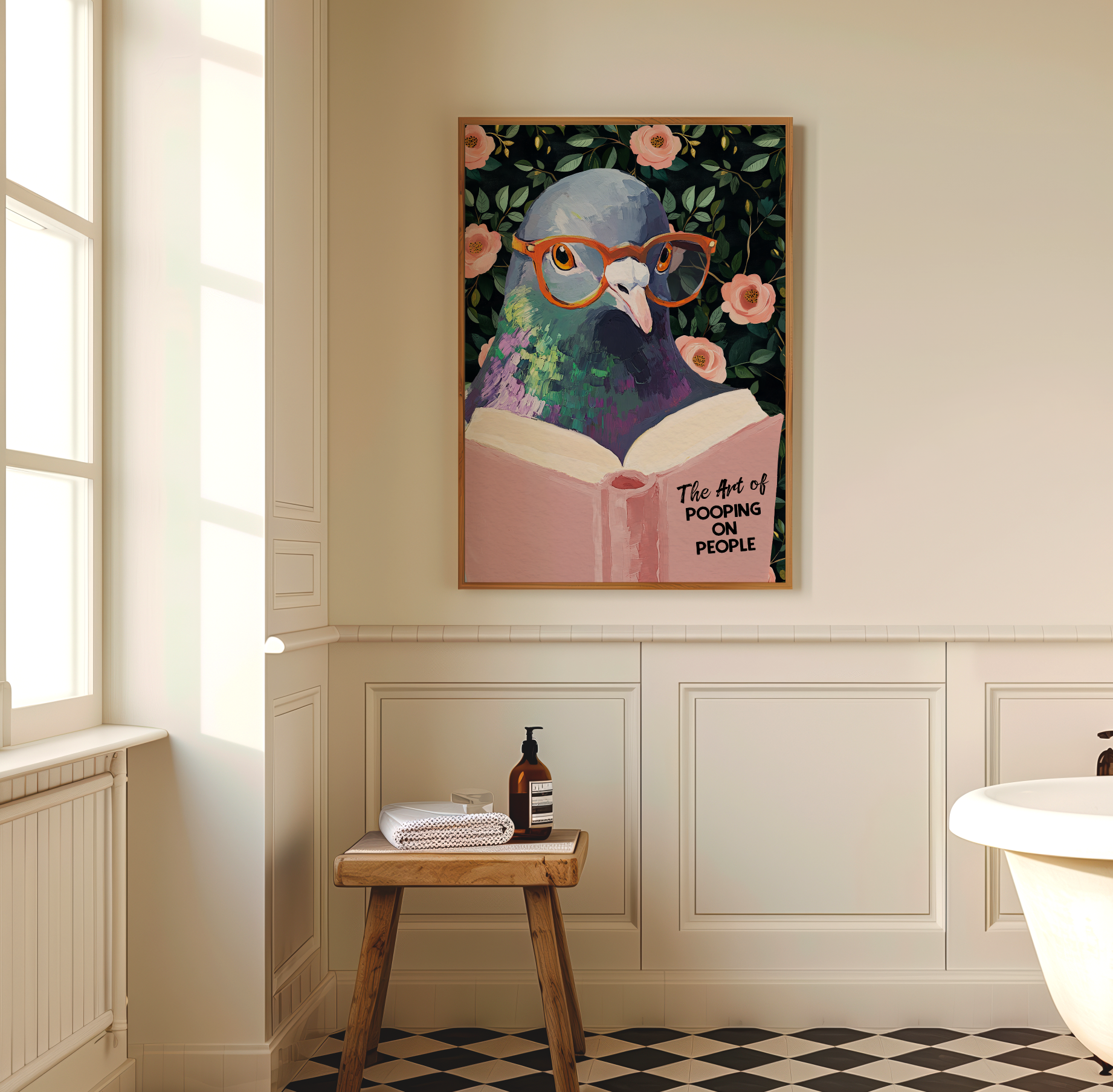 The Art of Pooping on People Funny Pigeon Pink Book Reading Literary Wall Art Print