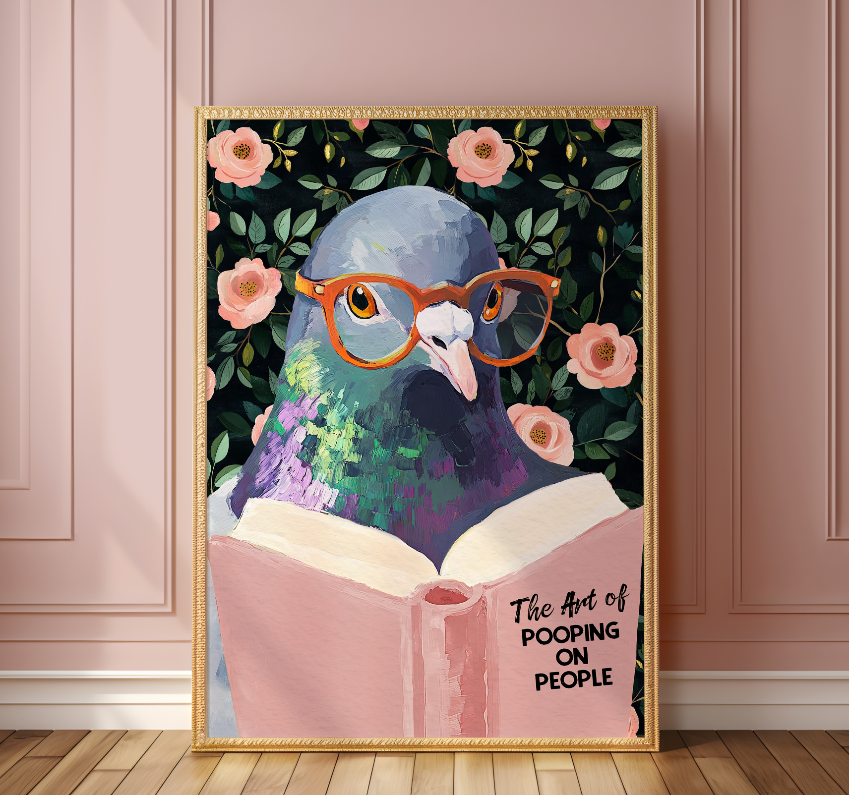 The Art of Pooping on People Funny Pigeon Pink Book Reading Literary Wall Art Print