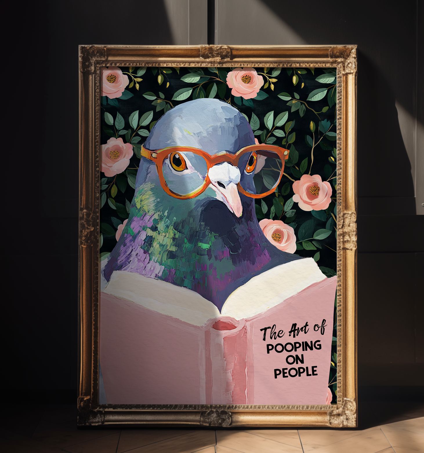 The Art of Pooping on People Funny Pigeon Pink Book Reading Literary Wall Art Print