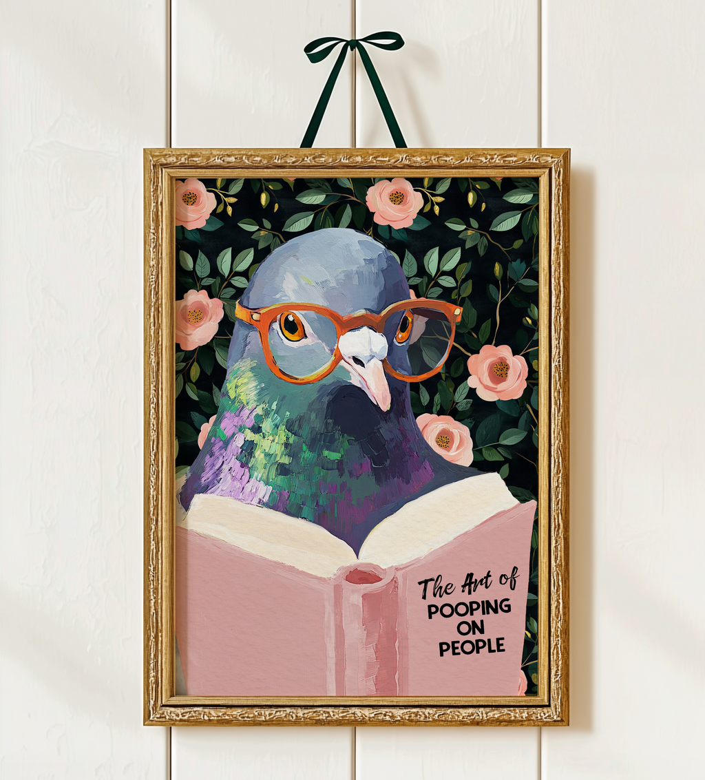 The Art of Pooping on People Funny Pigeon Pink Book Reading Literary Wall Art Print