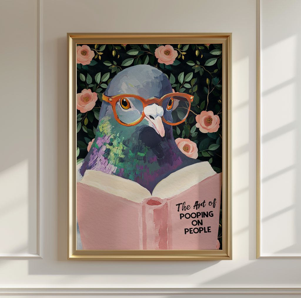 The Art of Pooping on People Funny Pigeon Pink Book Reading Literary Wall Art Print