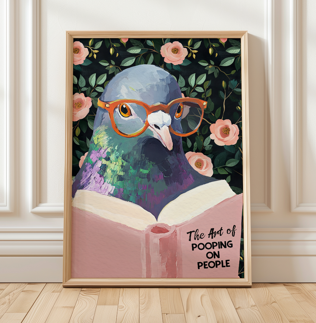 The Art of Pooping on People Funny Pigeon Pink Book Reading Literary Wall Art Print
