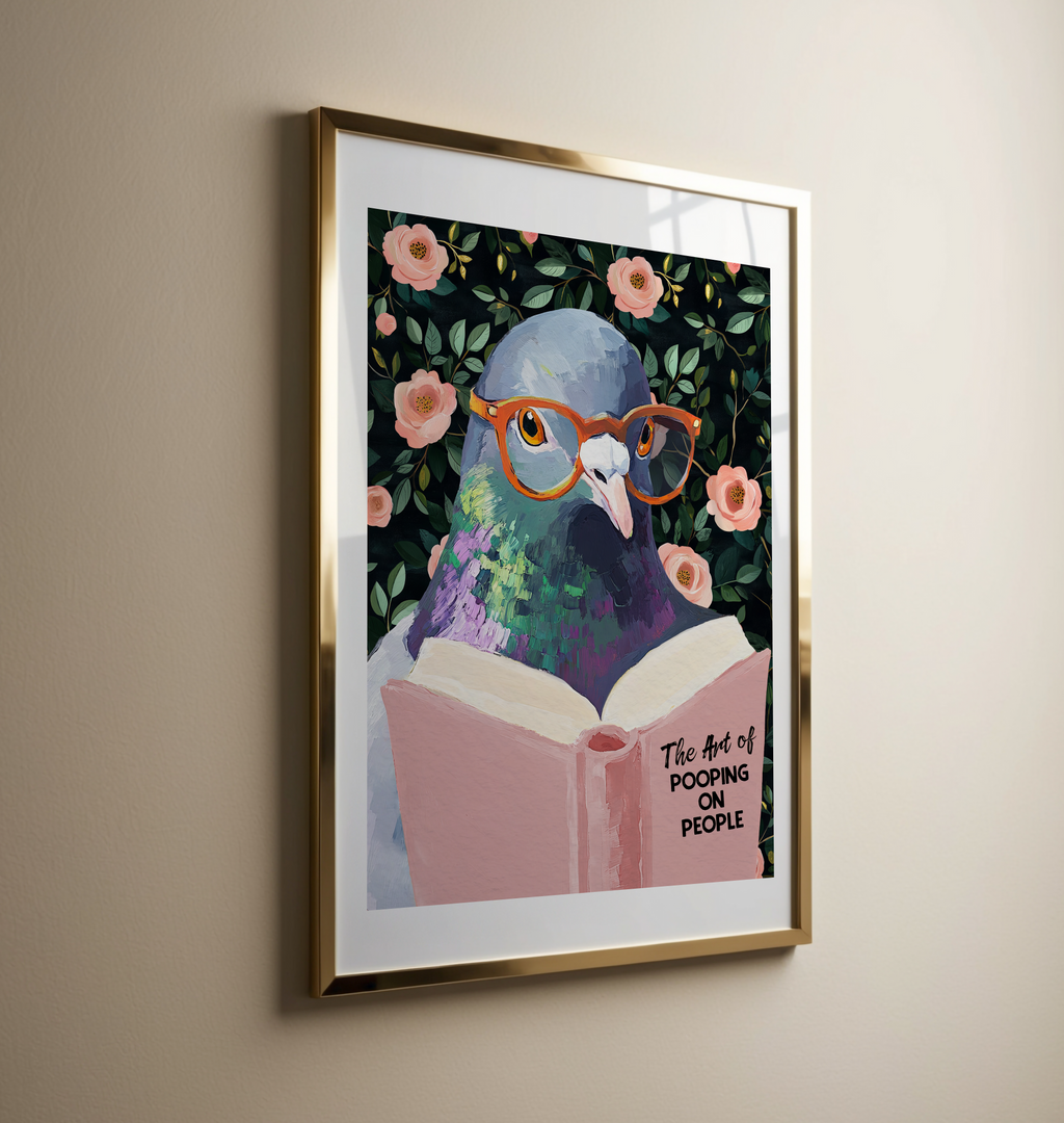 The Art of Pooping on People Funny Pigeon Pink Book Reading Literary Wall Art Print