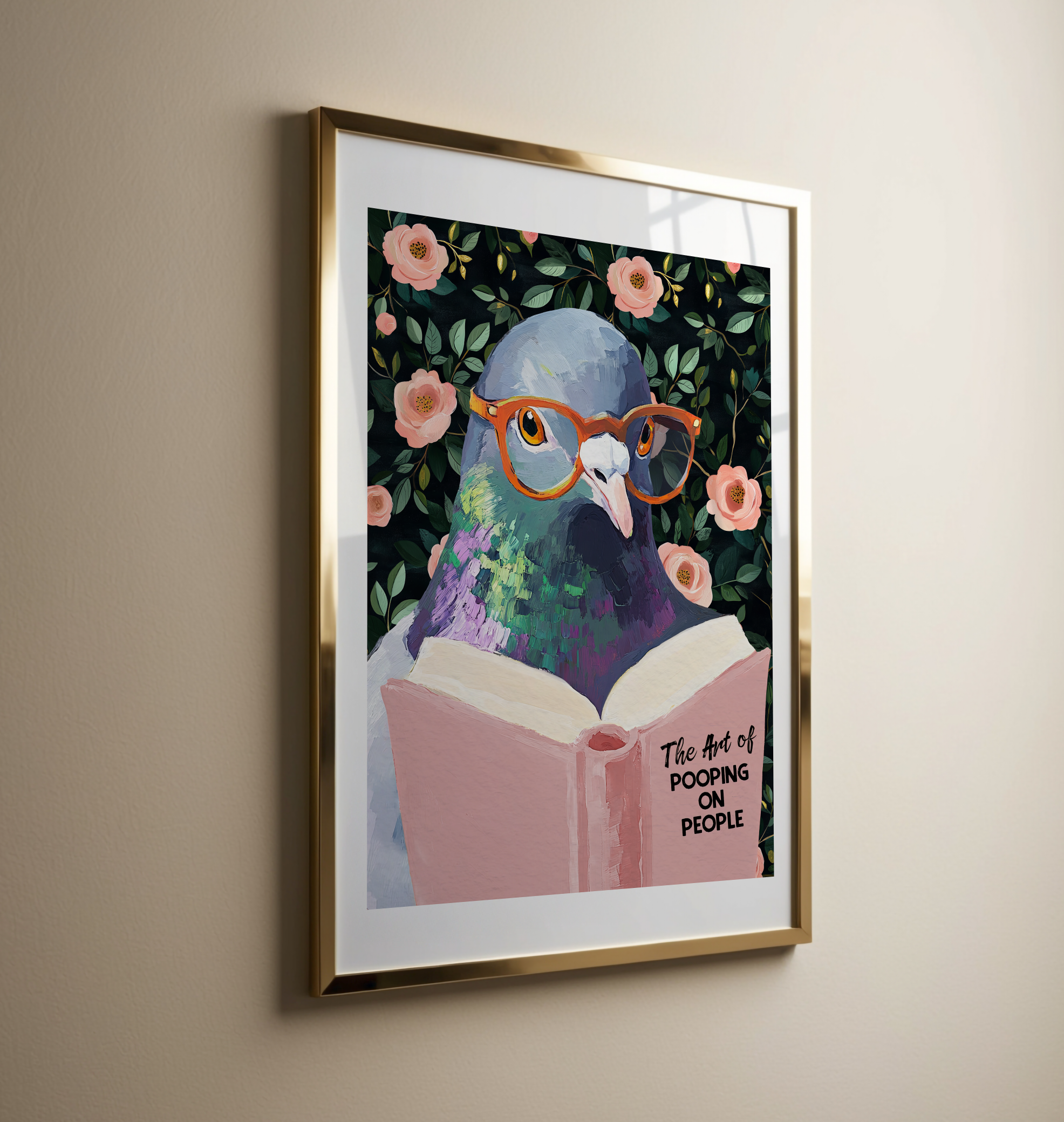 The Art of Pooping on People Funny Pigeon Pink Book Reading Literary Wall Art Print