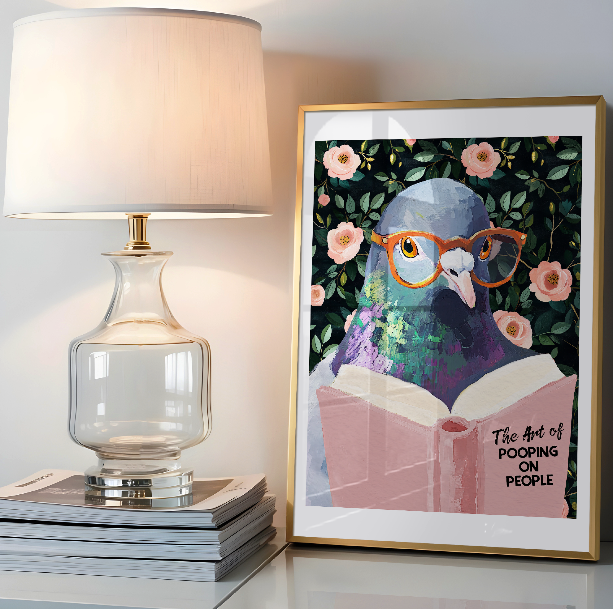 The Art of Pooping on People Funny Pigeon Pink Book Reading Literary Wall Art Print