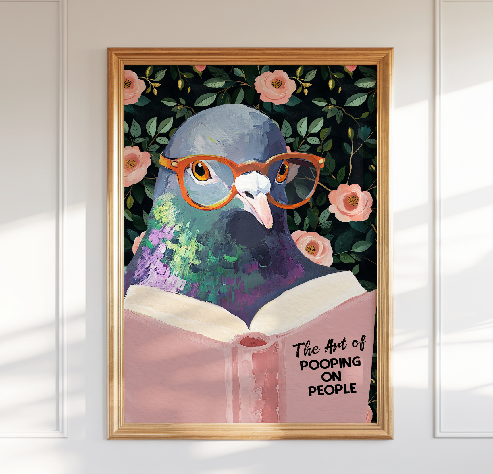 The Art of Pooping on People Funny Pigeon Pink Book Reading Literary Wall Art Print