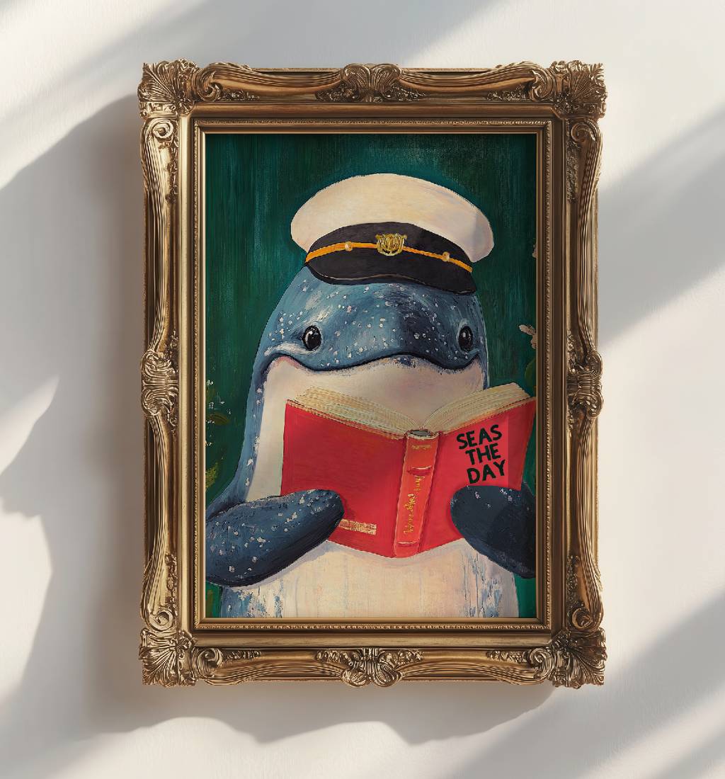 Whale Reading "Seas the Day" Art Print – Funny Literary Wall Decor, Book Lover Gift, Motivational Quote, Nautical Reading Nook Art