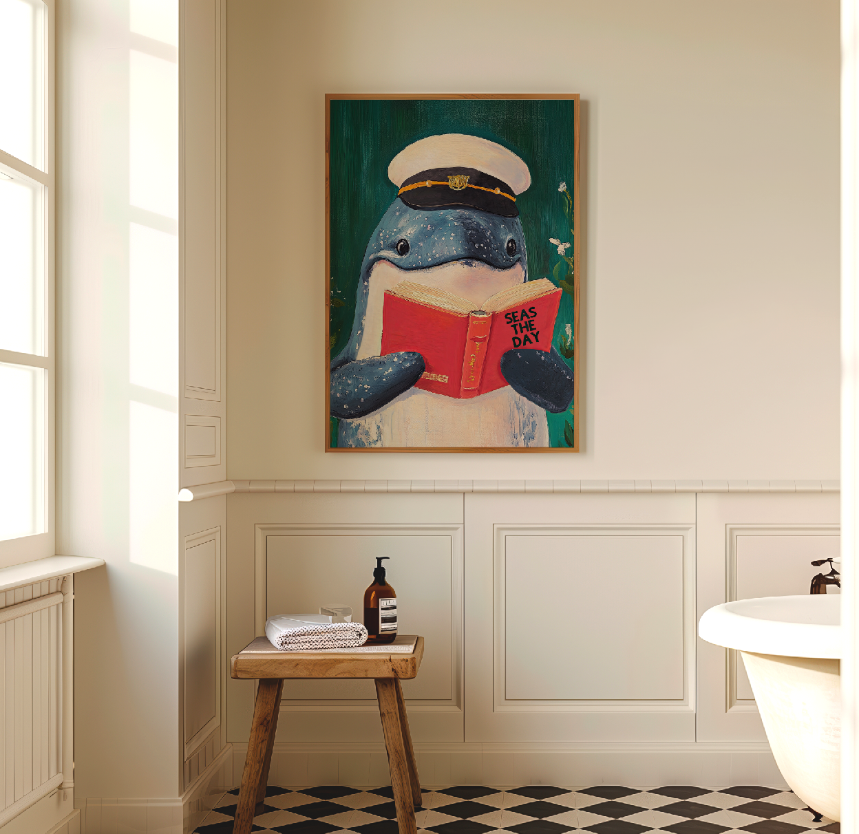 Whale Reading "Seas the Day" Art Print – Funny Literary Wall Decor, Book Lover Gift, Motivational Quote, Nautical Reading Nook Art