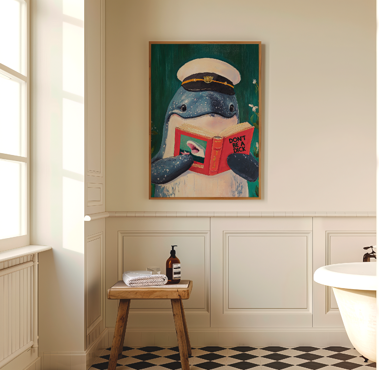Whale Reading Book Art – Literary Animal Wall Decor, Motivational Quote, Funny Whale Illustration, Book Lover Gift, Cozy Reading Nook Art