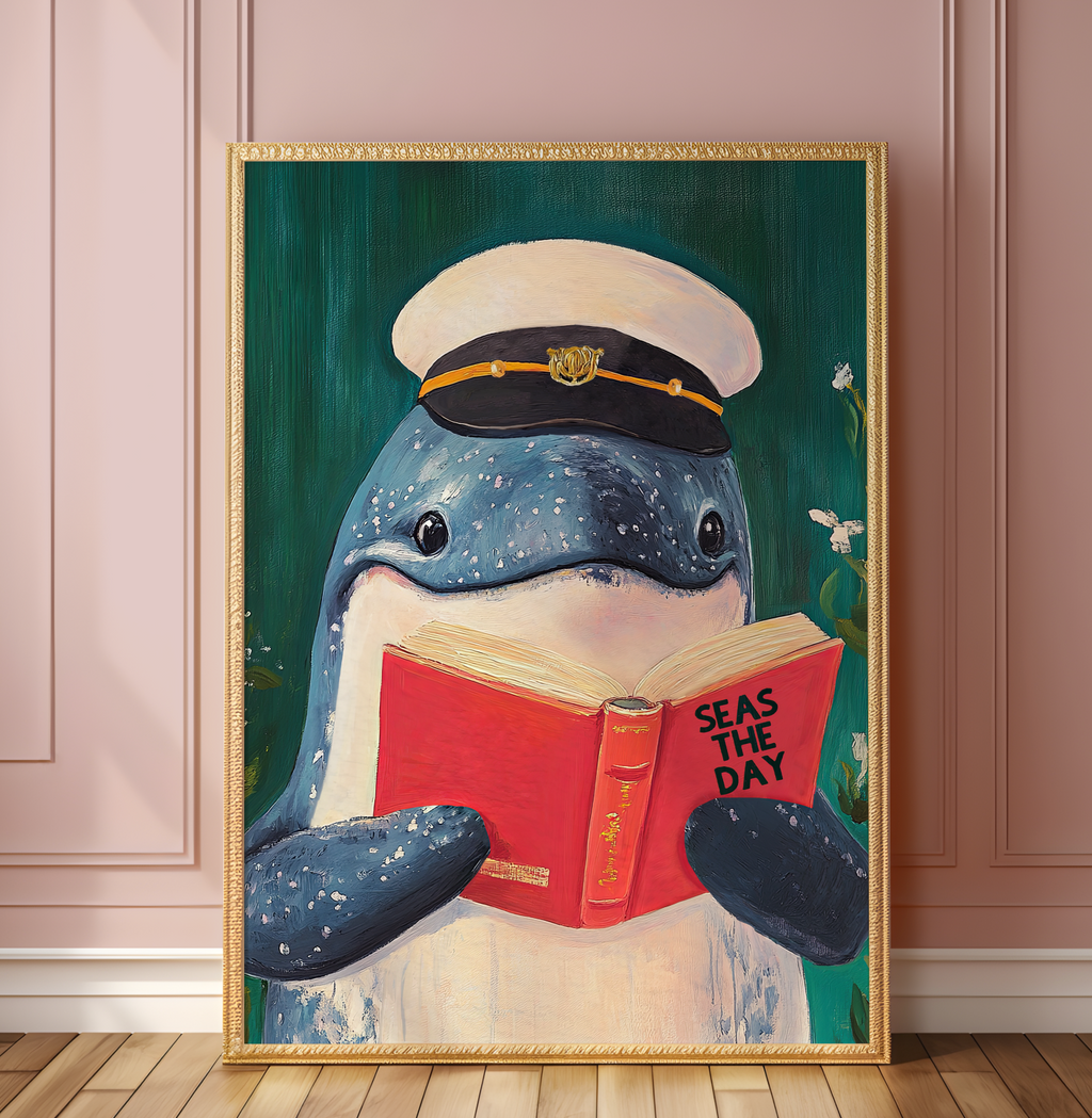Whale Reading "Seas the Day" Art Print – Funny Literary Wall Decor, Book Lover Gift, Motivational Quote, Nautical Reading Nook Art