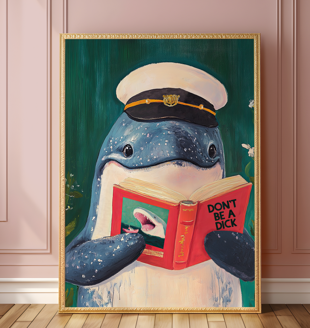 Whale Reading Book Art – Literary Animal Wall Decor, Motivational Quote, Funny Whale Illustration, Book Lover Gift, Cozy Reading Nook Art