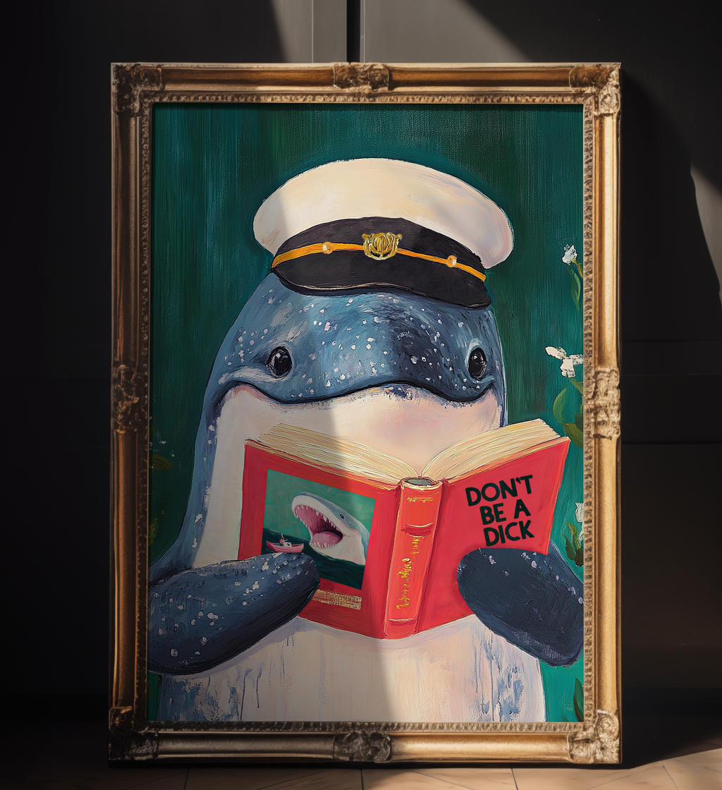 Whale Reading Book Art – Literary Animal Wall Decor, Motivational Quote, Funny Whale Illustration, Book Lover Gift, Cozy Reading Nook Art