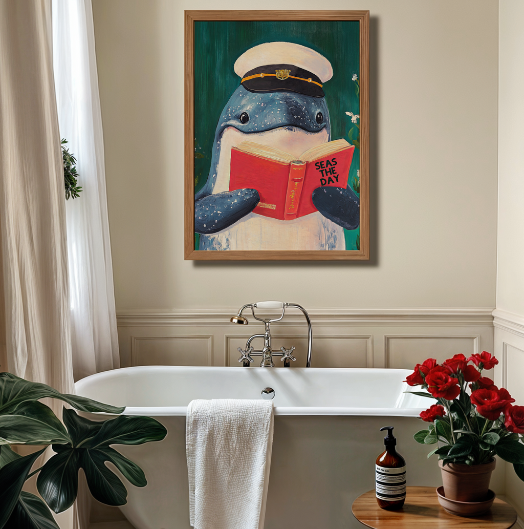 Whale Reading "Seas the Day" Art Print – Funny Literary Wall Decor, Book Lover Gift, Motivational Quote, Nautical Reading Nook Art