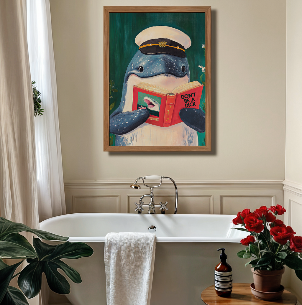 Whale Reading Book Art – Literary Animal Wall Decor, Motivational Quote, Funny Whale Illustration, Book Lover Gift, Cozy Reading Nook Art