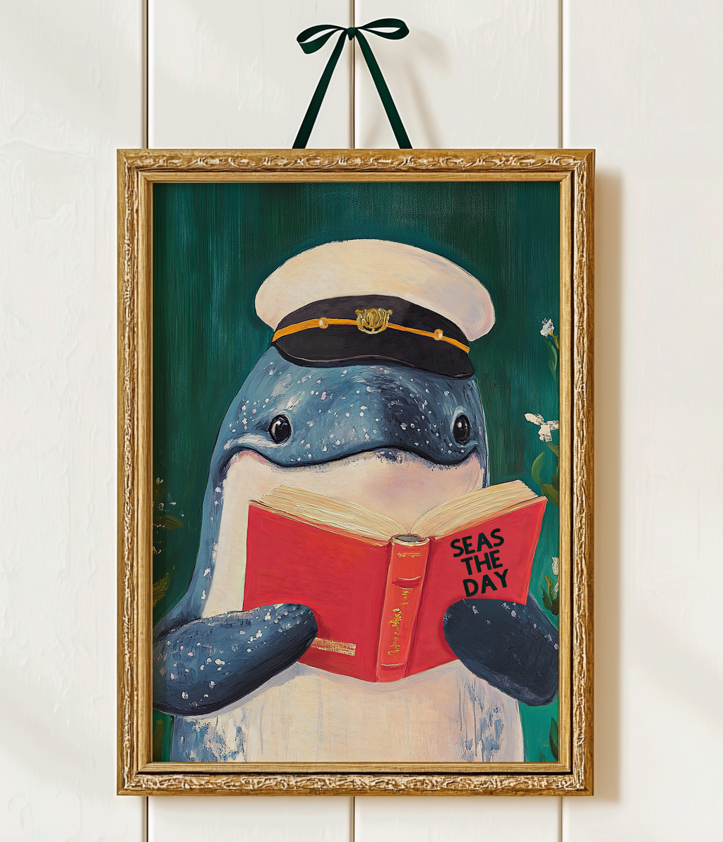 Whale Reading "Seas the Day" Art Print – Funny Literary Wall Decor, Book Lover Gift, Motivational Quote, Nautical Reading Nook Art