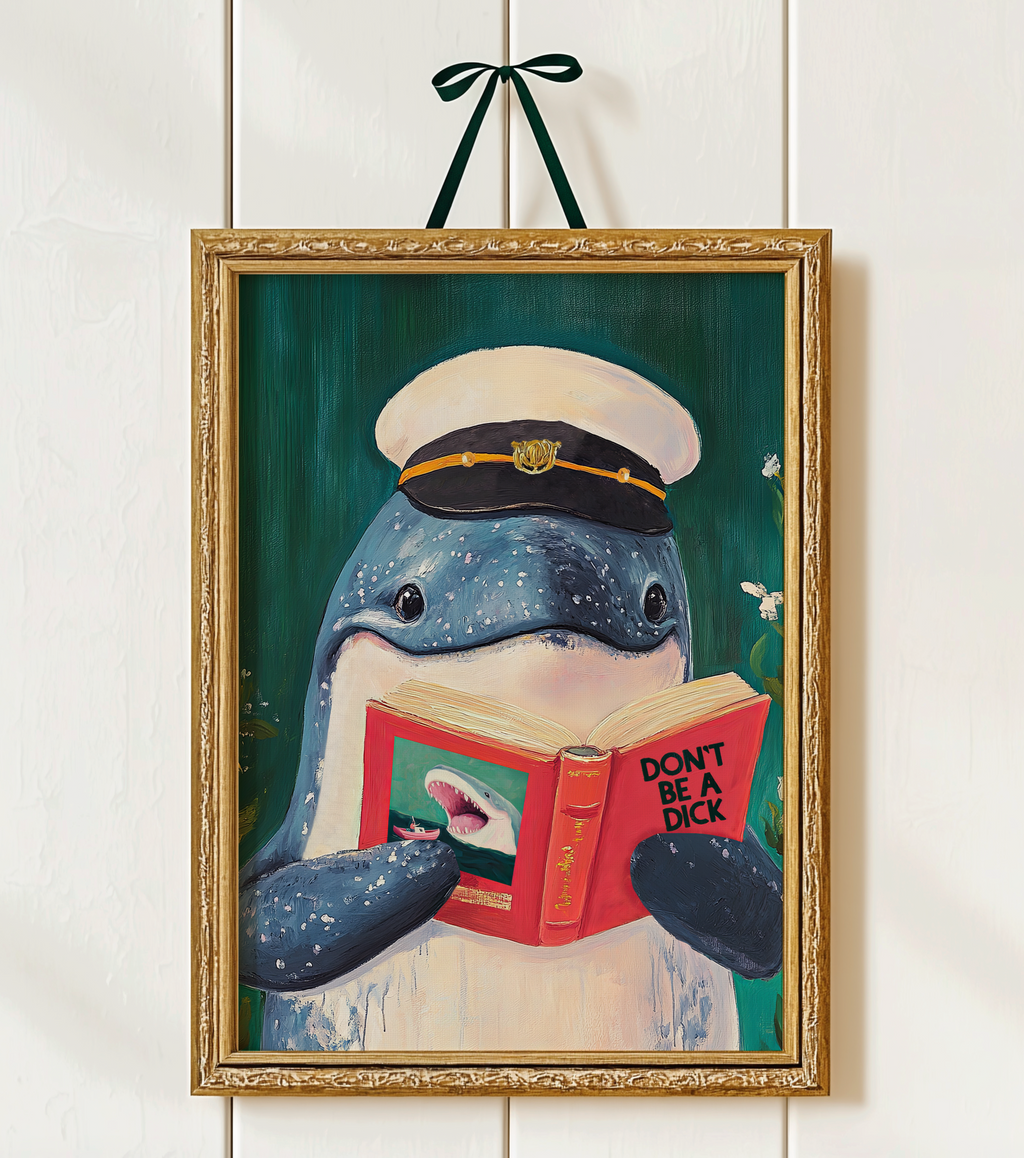 Whale Reading Book Art – Literary Animal Wall Decor, Motivational Quote, Funny Whale Illustration, Book Lover Gift, Cozy Reading Nook Art
