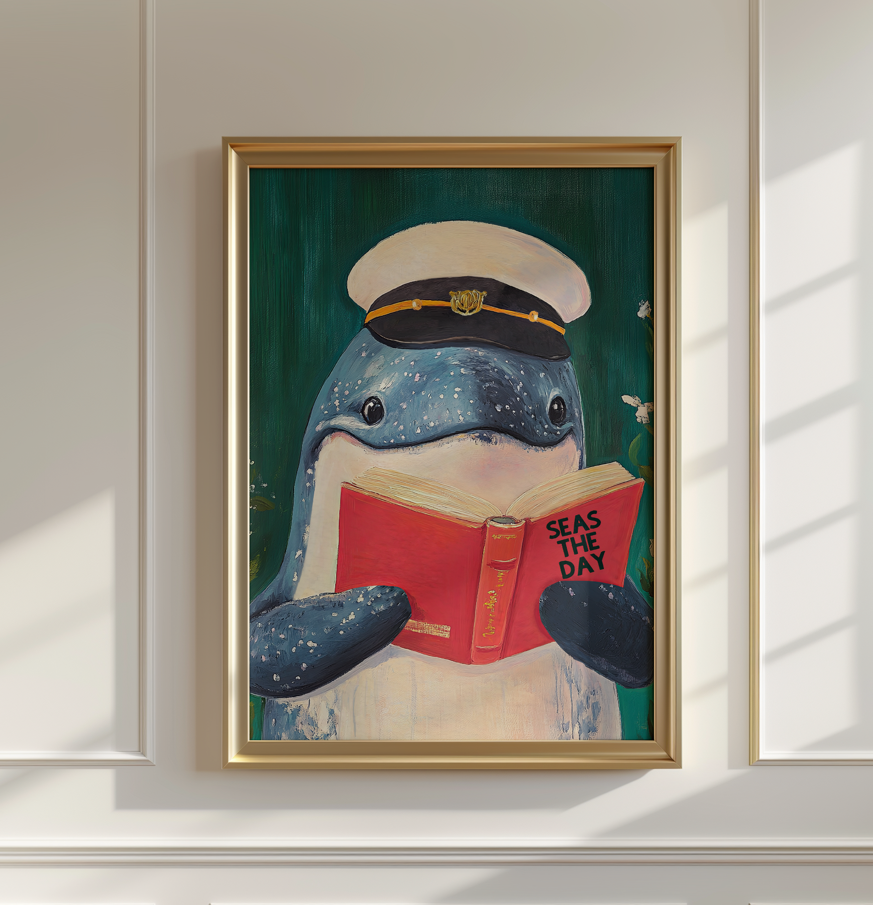 Whale Reading "Seas the Day" Art Print – Funny Literary Wall Decor, Book Lover Gift, Motivational Quote, Nautical Reading Nook Art