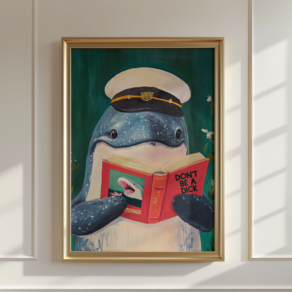 Whale Reading Book Art – Literary Animal Wall Decor, Motivational Quote, Funny Whale Illustration, Book Lover Gift, Cozy Reading Nook Art