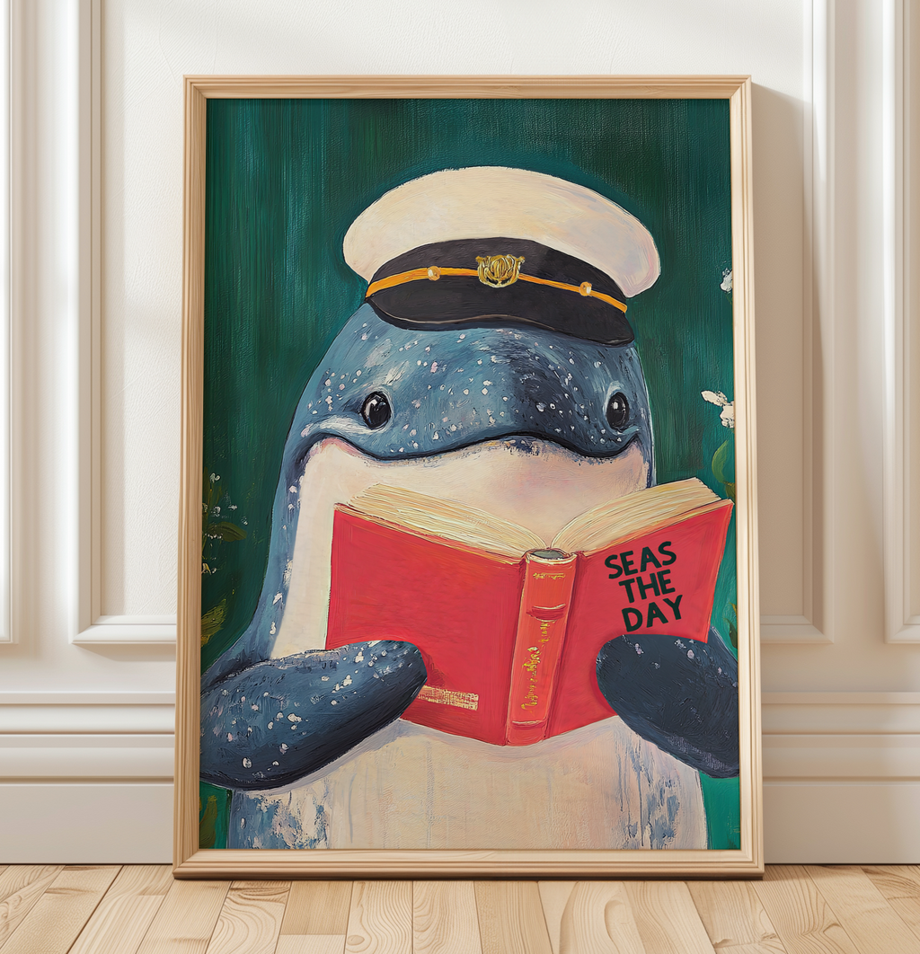 Whale Reading "Seas the Day" Art Print – Funny Literary Wall Decor, Book Lover Gift, Motivational Quote, Nautical Reading Nook Art