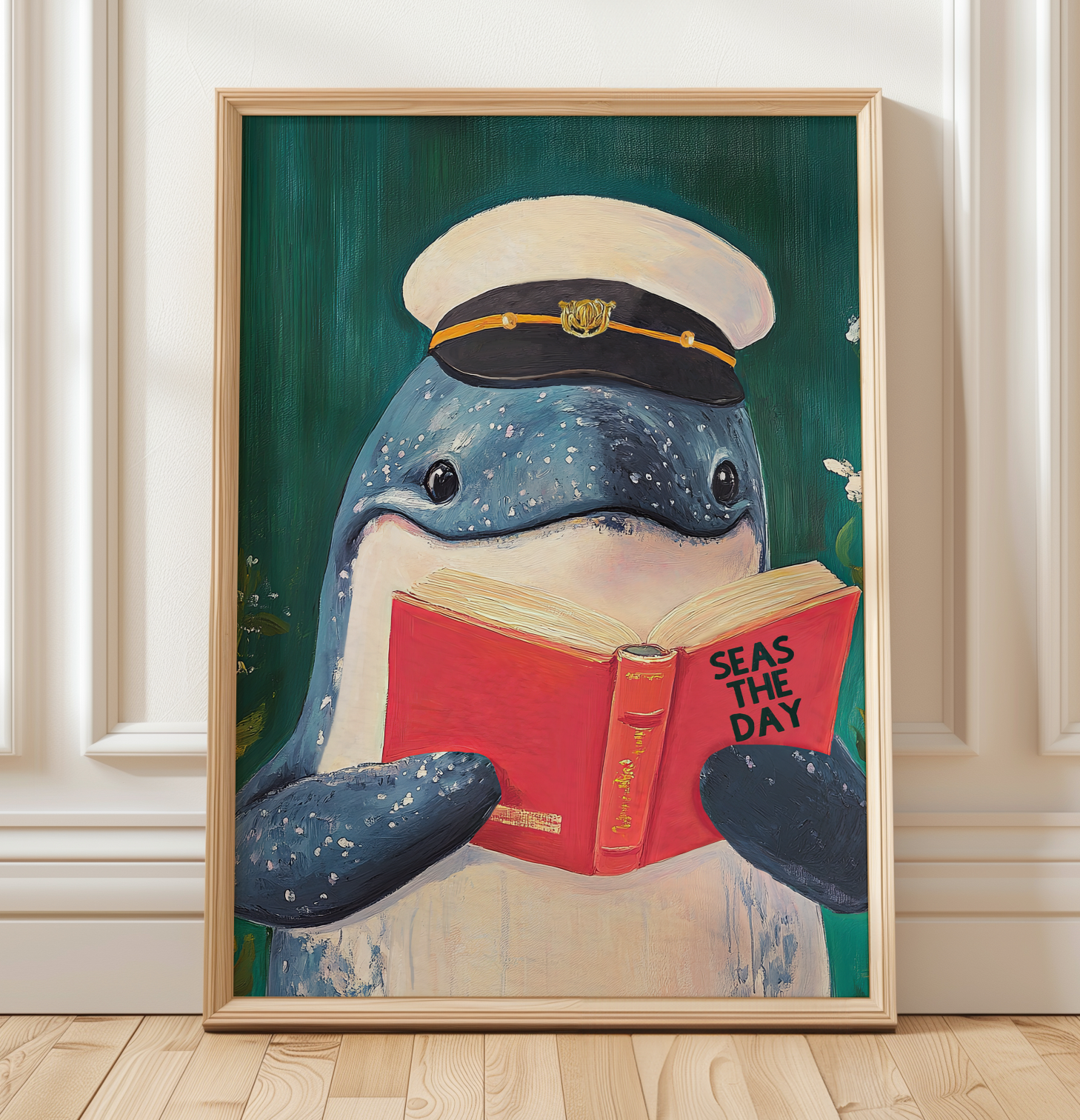 Whale Reading "Seas the Day" Art Print – Funny Literary Wall Decor, Book Lover Gift, Motivational Quote, Nautical Reading Nook Art