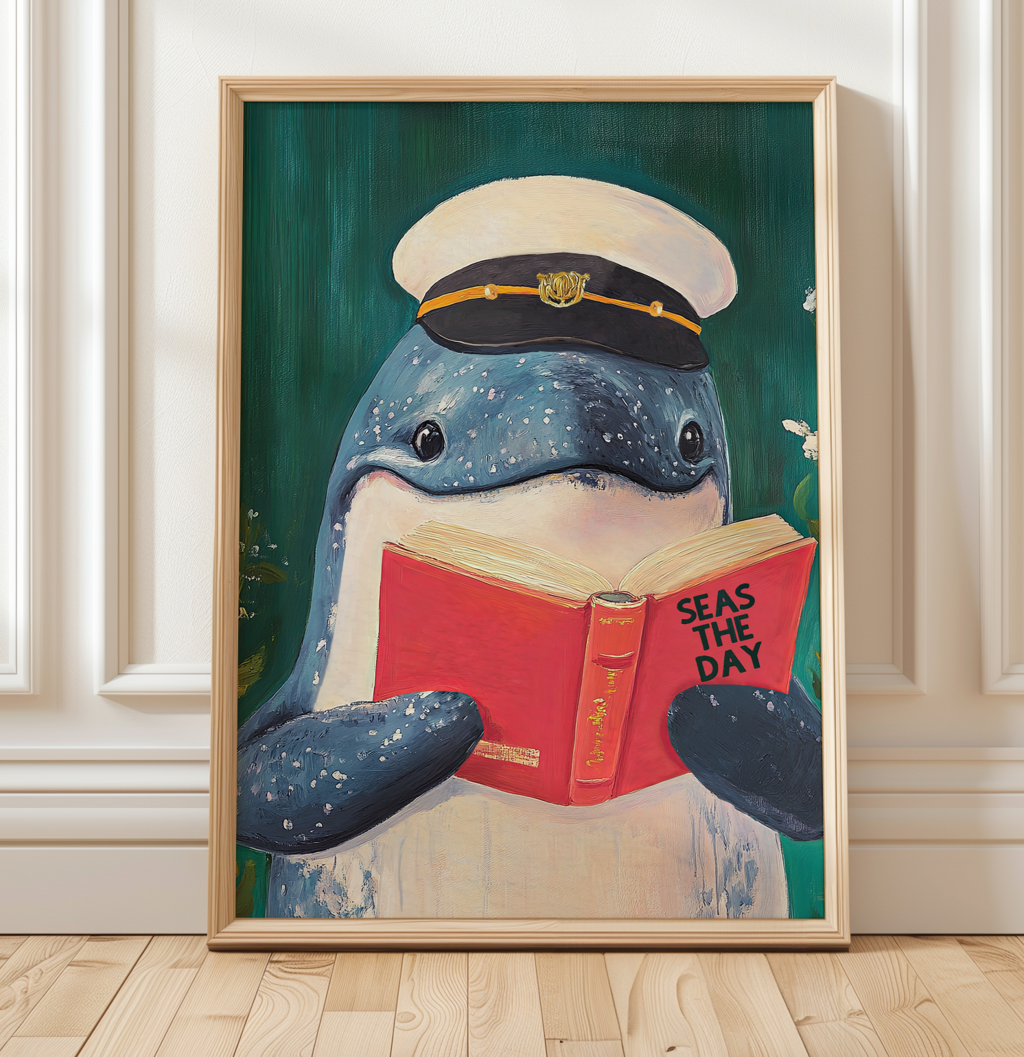 Whale Reading Book Art – Literary Animal Wall Decor, Motivational Quote, Funny Whale Illustration, Book Lover Gift, Cozy Reading Nook Art