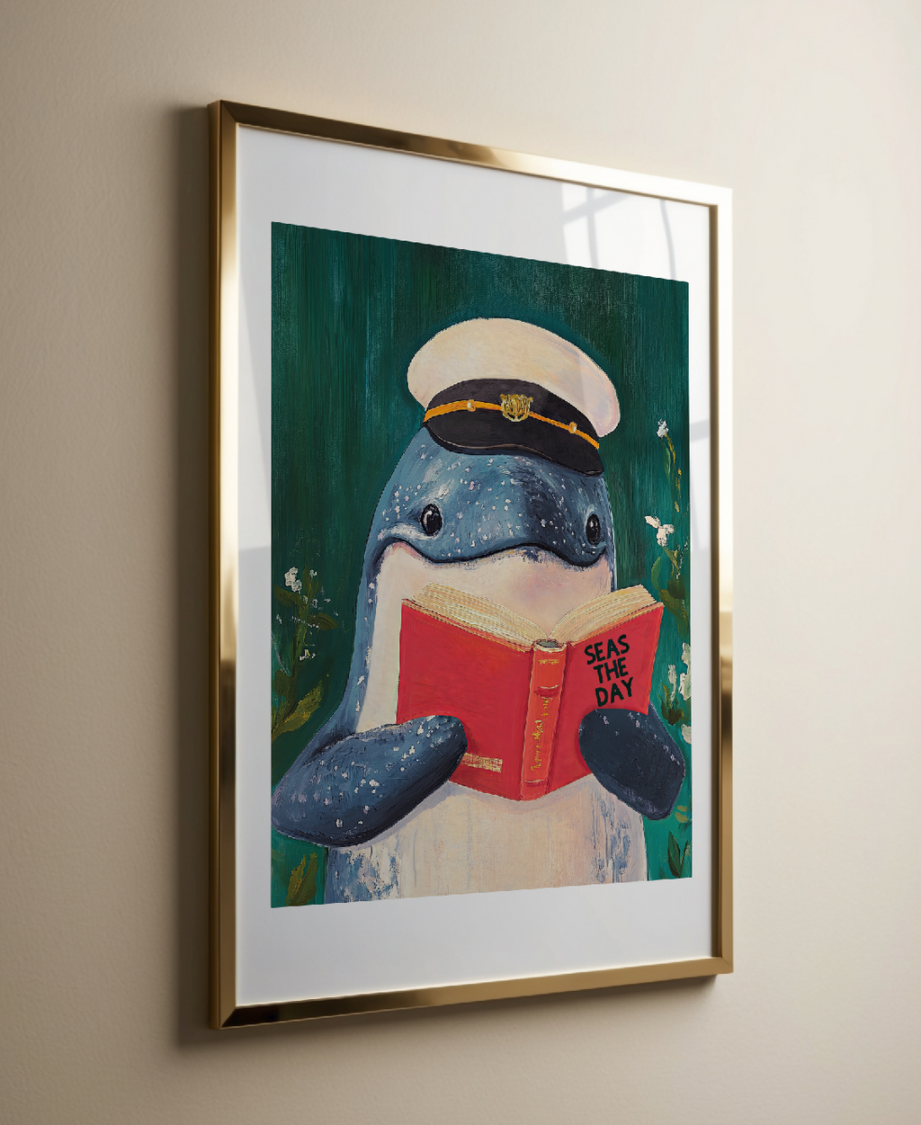 Whale Reading "Seas the Day" Art Print – Funny Literary Wall Decor, Book Lover Gift, Motivational Quote, Nautical Reading Nook Art