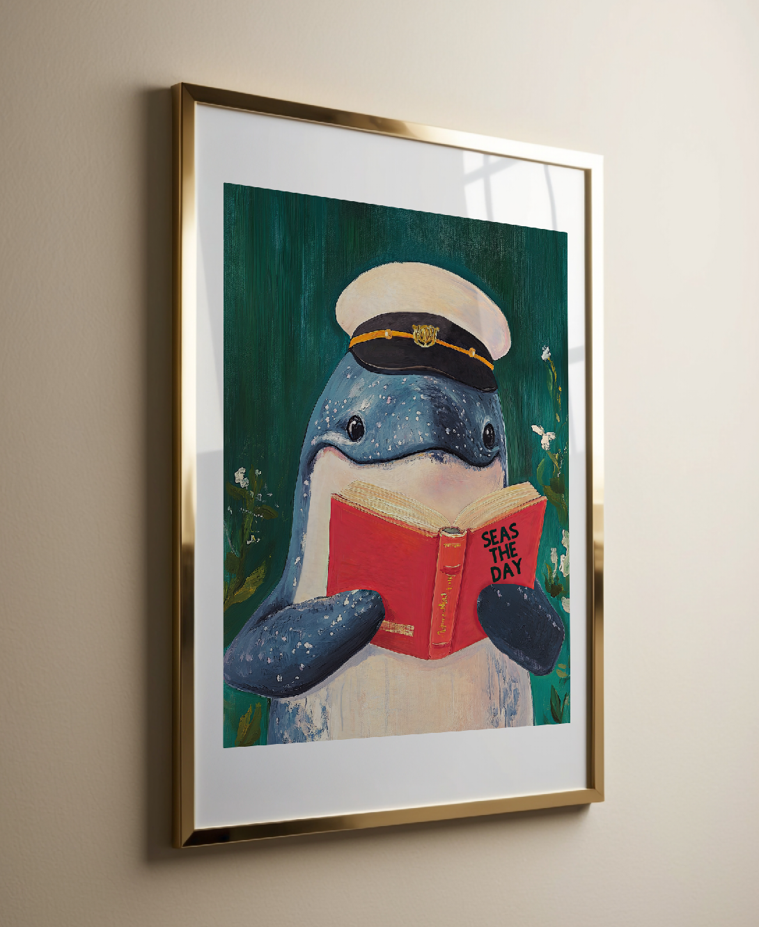 Whale Reading "Seas the Day" Art Print – Funny Literary Wall Decor, Book Lover Gift, Motivational Quote, Nautical Reading Nook Art