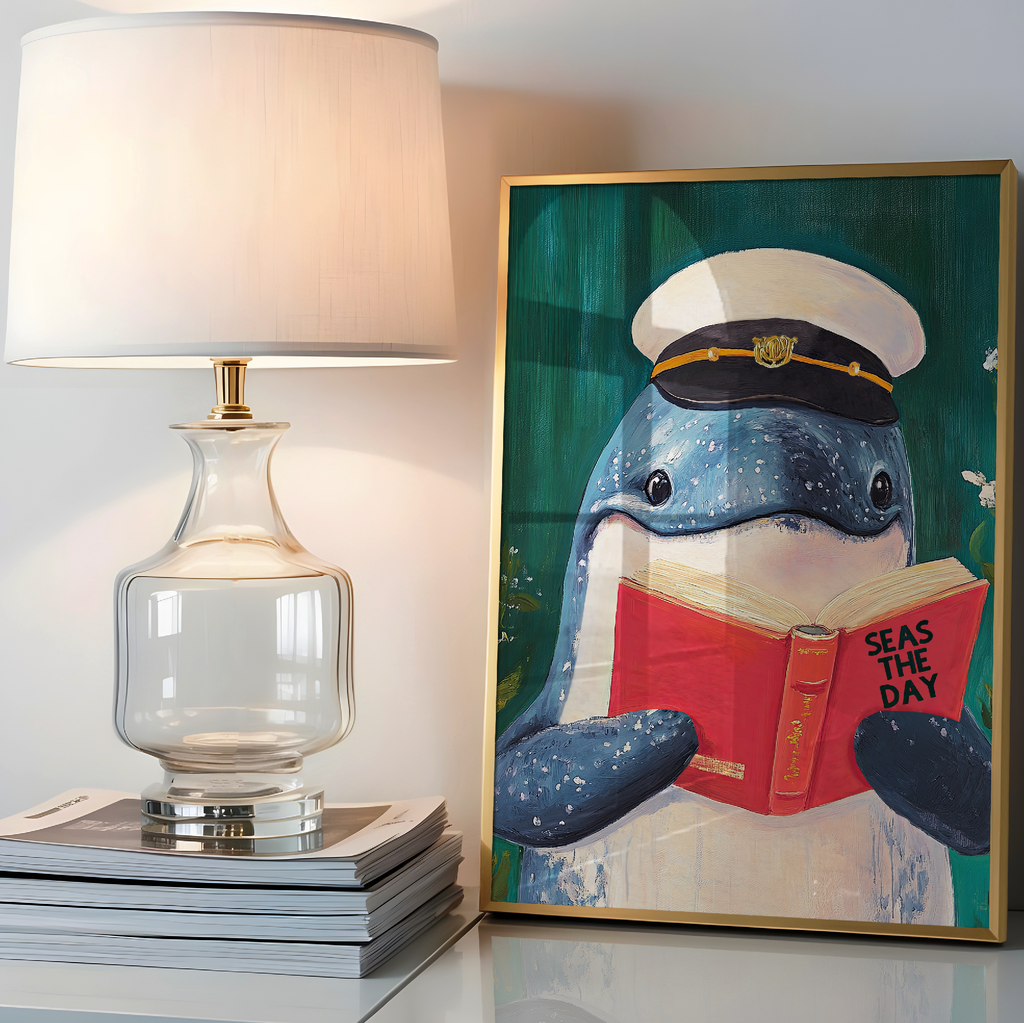 Whale Reading "Seas the Day" Art Print – Funny Literary Wall Decor, Book Lover Gift, Motivational Quote, Nautical Reading Nook Art