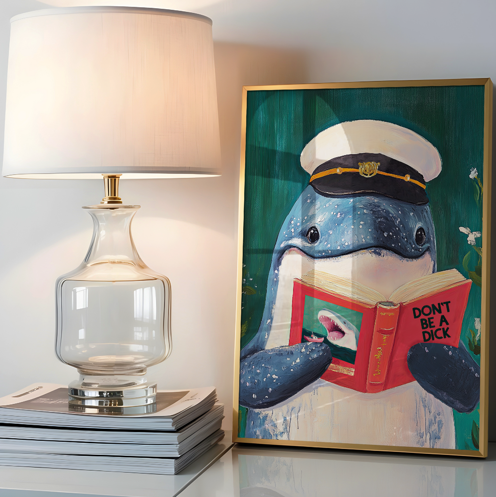 Whale Reading Book Art – Literary Animal Wall Decor, Motivational Quote, Funny Whale Illustration, Book Lover Gift, Cozy Reading Nook Art