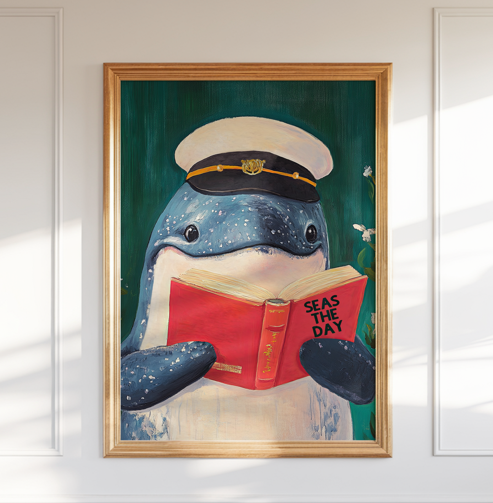 Whale Reading "Seas the Day" Art Print – Funny Literary Wall Decor, Book Lover Gift, Motivational Quote, Nautical Reading Nook Art