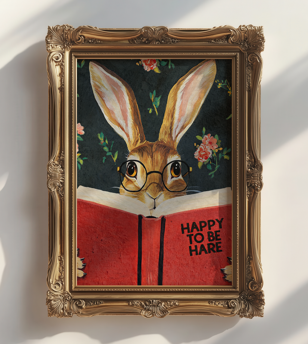 Hare Reading "Happy to be Hare" Art Print – Literary Rabbit Wall Decor, Motivational Quote, Cute Animal Illustration, Book Lover Gift