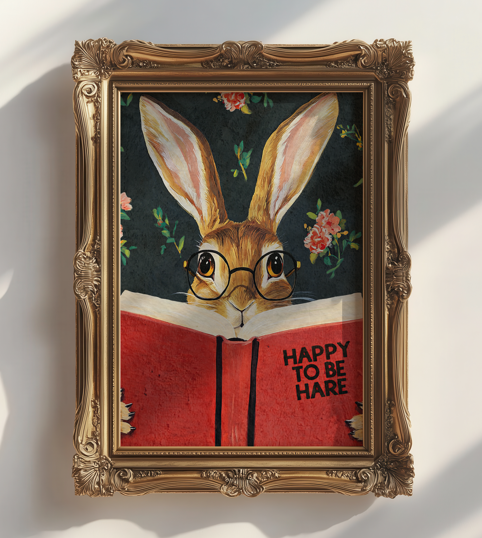 Hare Reading "Happy to be Hare" Art Print – Literary Rabbit Wall Decor, Motivational Quote, Cute Animal Illustration, Book Lover Gift