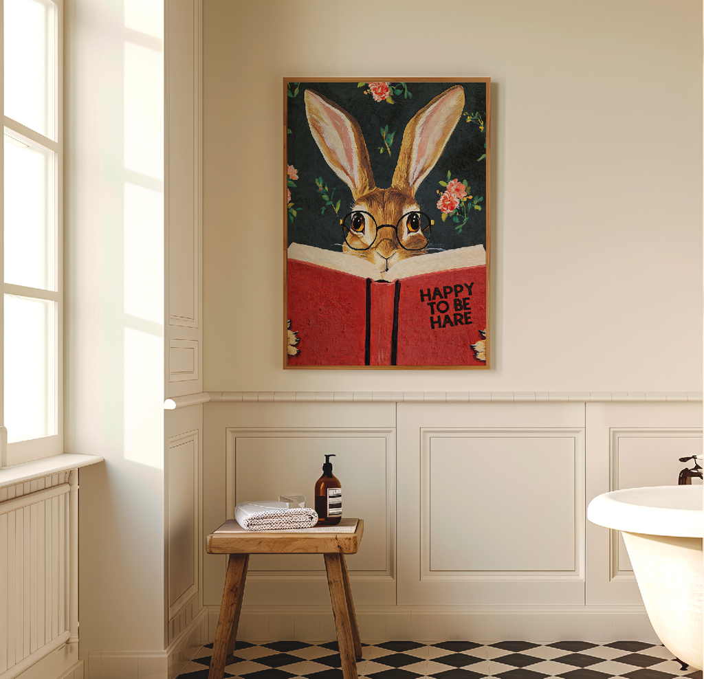 Hare Reading "Happy to be Hare" Art Print – Literary Rabbit Wall Decor, Motivational Quote, Cute Animal Illustration, Book Lover Gift