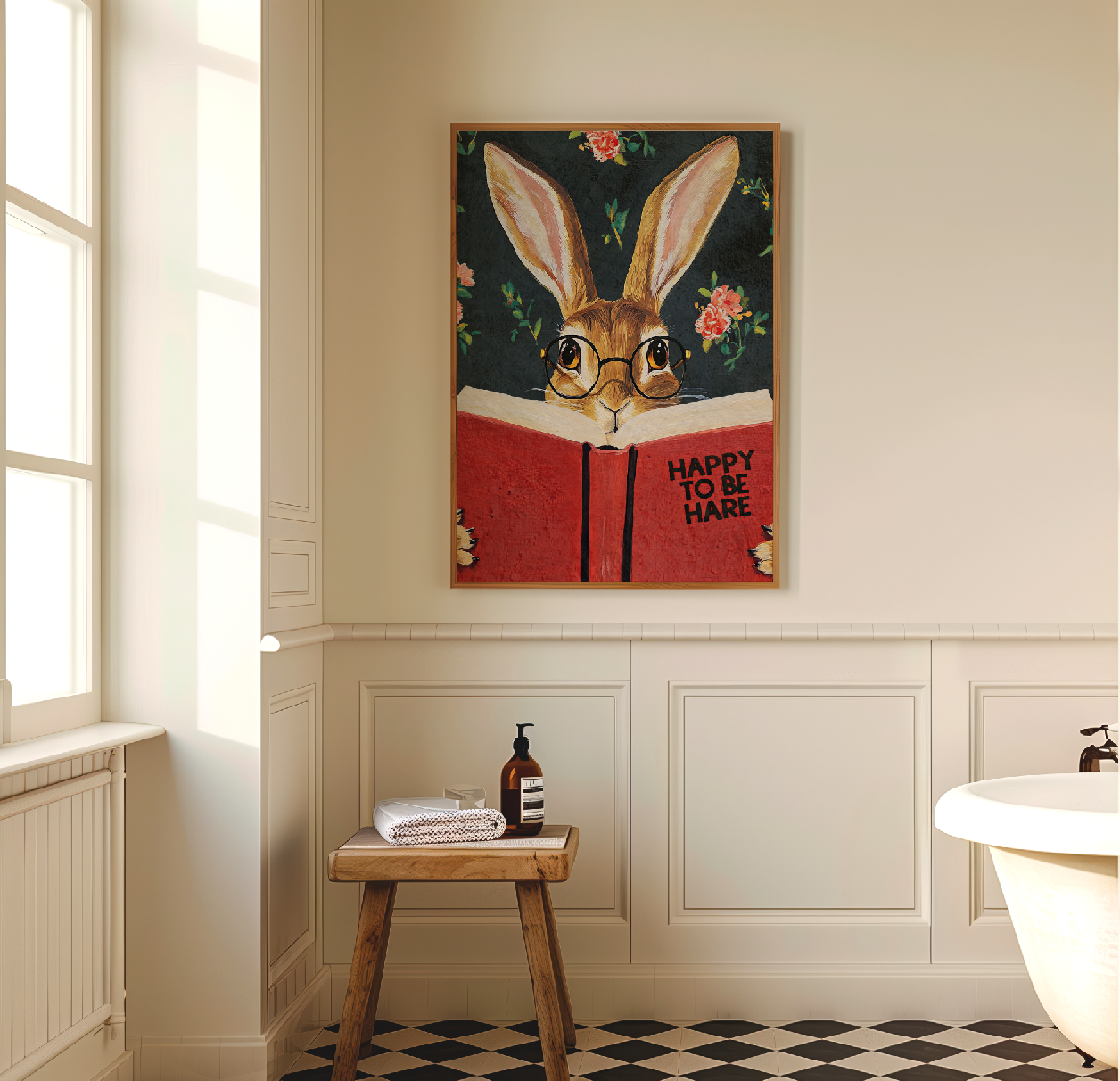 Hare Reading "Happy to be Hare" Art Print – Literary Rabbit Wall Decor, Motivational Quote, Cute Animal Illustration, Book Lover Gift