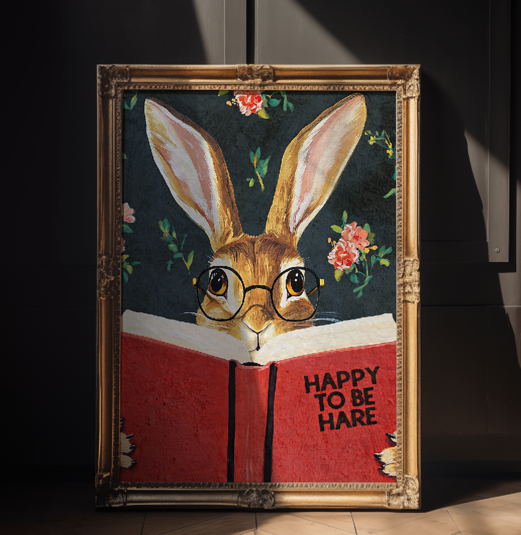 Hare Reading "Happy to be Hare" Art Print – Literary Rabbit Wall Decor, Motivational Quote, Cute Animal Illustration, Book Lover Gift