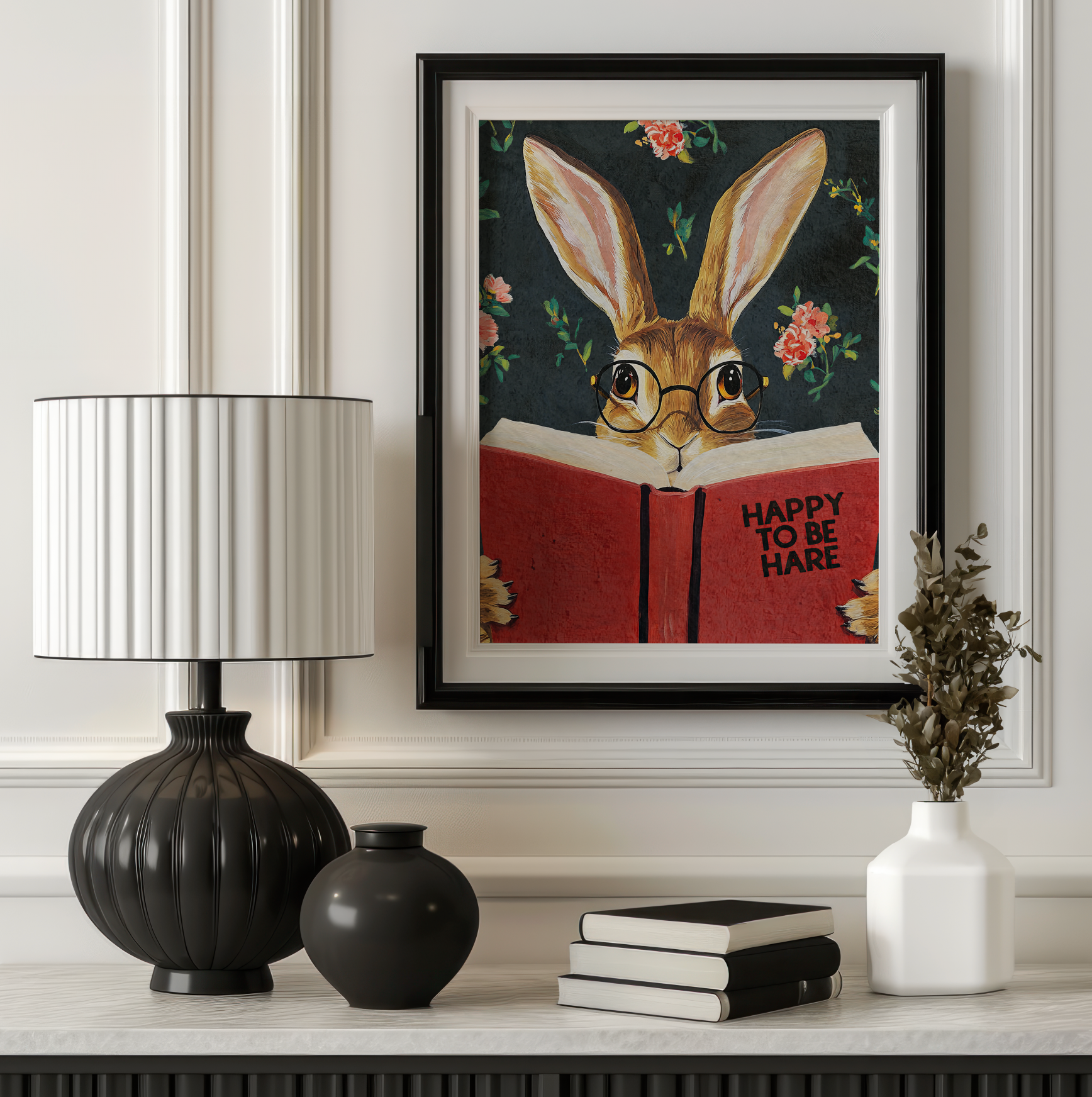 Hare Reading "Happy to be Hare" Art Print – Literary Rabbit Wall Decor, Motivational Quote, Cute Animal Illustration, Book Lover Gift