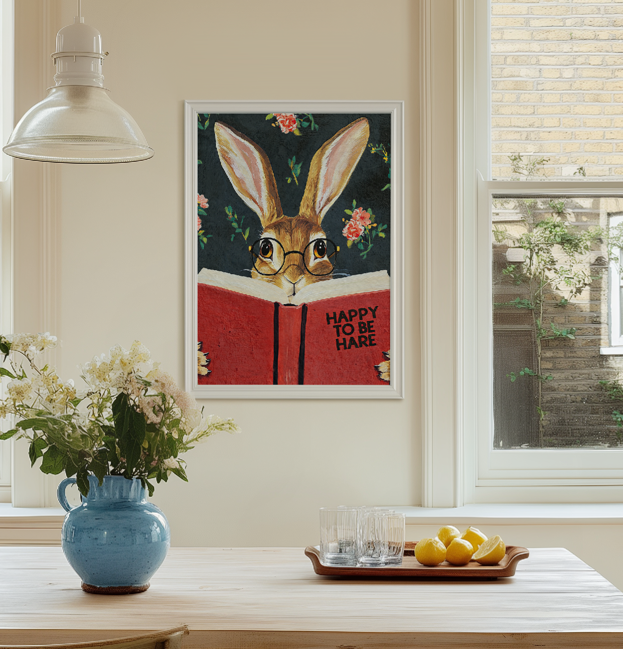Hare Reading "Happy to be Hare" Art Print – Literary Rabbit Wall Decor, Motivational Quote, Cute Animal Illustration, Book Lover Gift