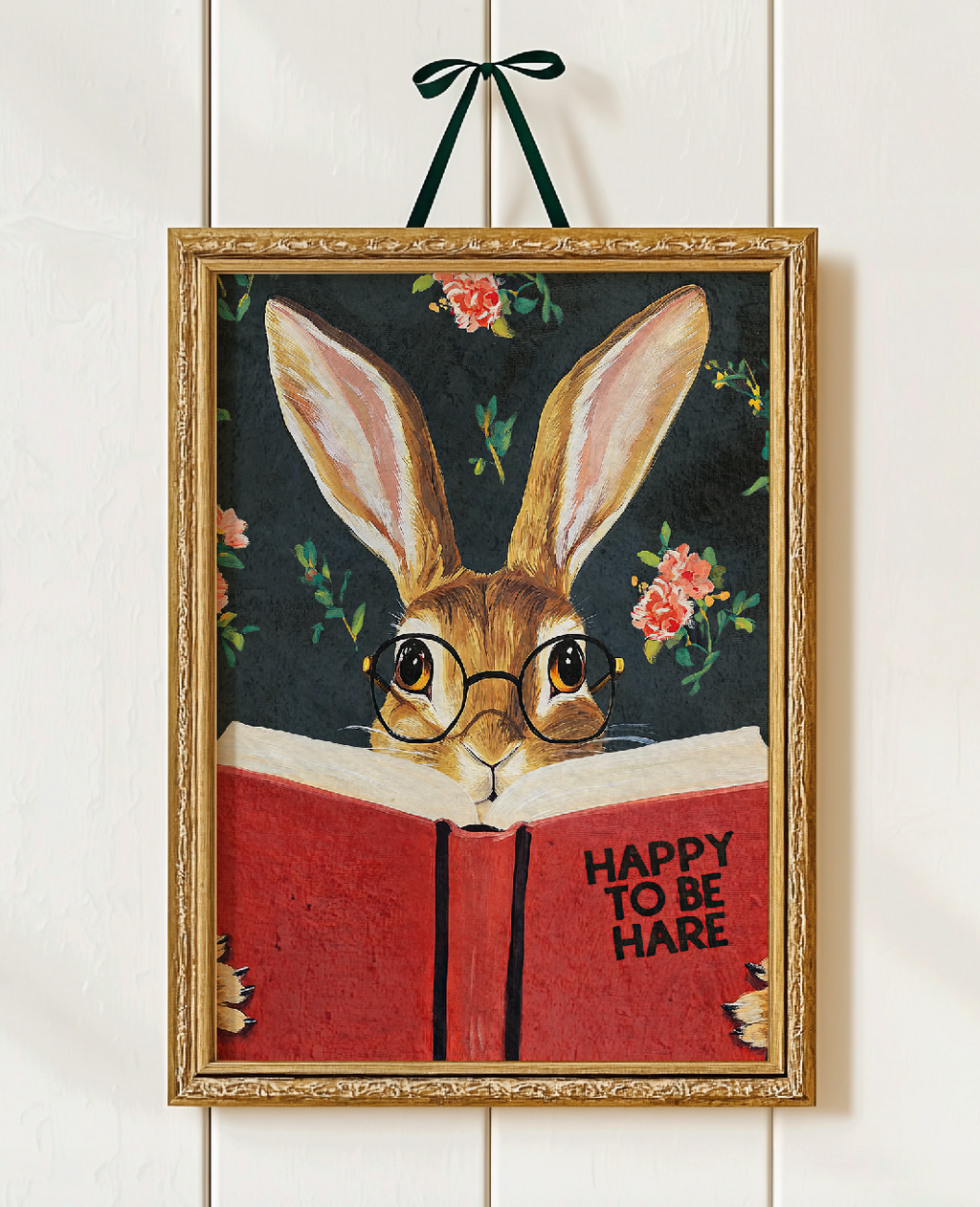 Hare Reading "Happy to be Hare" Art Print – Literary Rabbit Wall Decor, Motivational Quote, Cute Animal Illustration, Book Lover Gift