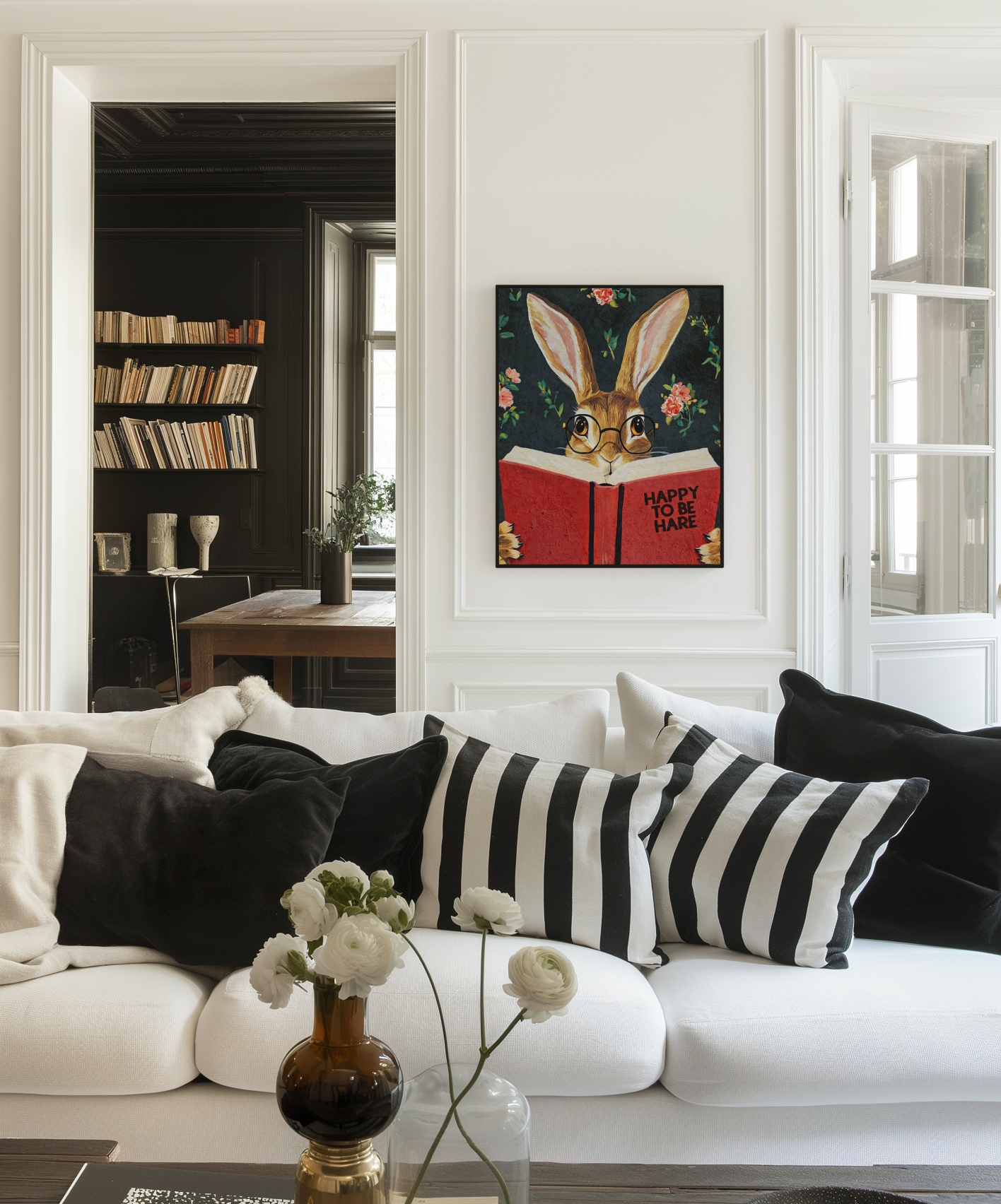 Hare Reading "Happy to be Hare" Art Print – Literary Rabbit Wall Decor, Motivational Quote, Cute Animal Illustration, Book Lover Gift