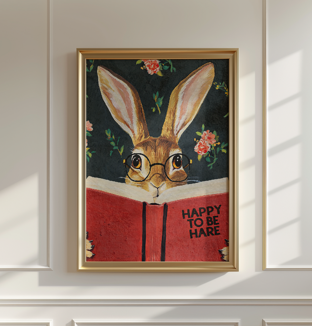 Hare Reading "Happy to be Hare" Art Print – Literary Rabbit Wall Decor, Motivational Quote, Cute Animal Illustration, Book Lover Gift
