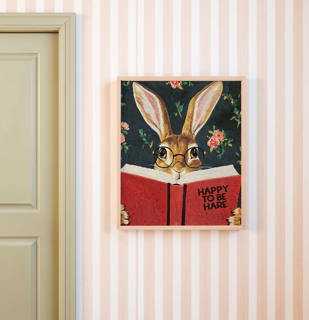 Hare Reading "Happy to be Hare" Art Print – Literary Rabbit Wall Decor, Motivational Quote, Cute Animal Illustration, Book Lover Gift