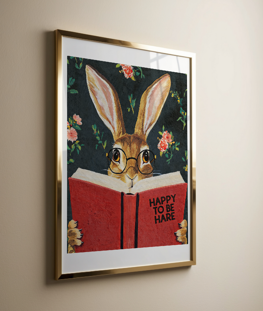 Hare Reading "Happy to be Hare" Art Print – Literary Rabbit Wall Decor, Motivational Quote, Cute Animal Illustration, Book Lover Gift