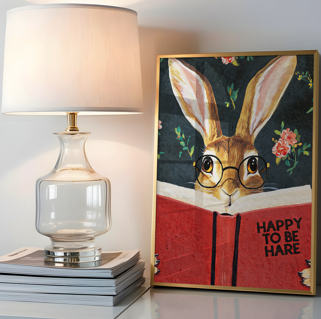 Hare Reading "Happy to be Hare" Art Print – Literary Rabbit Wall Decor, Motivational Quote, Cute Animal Illustration, Book Lover Gift
