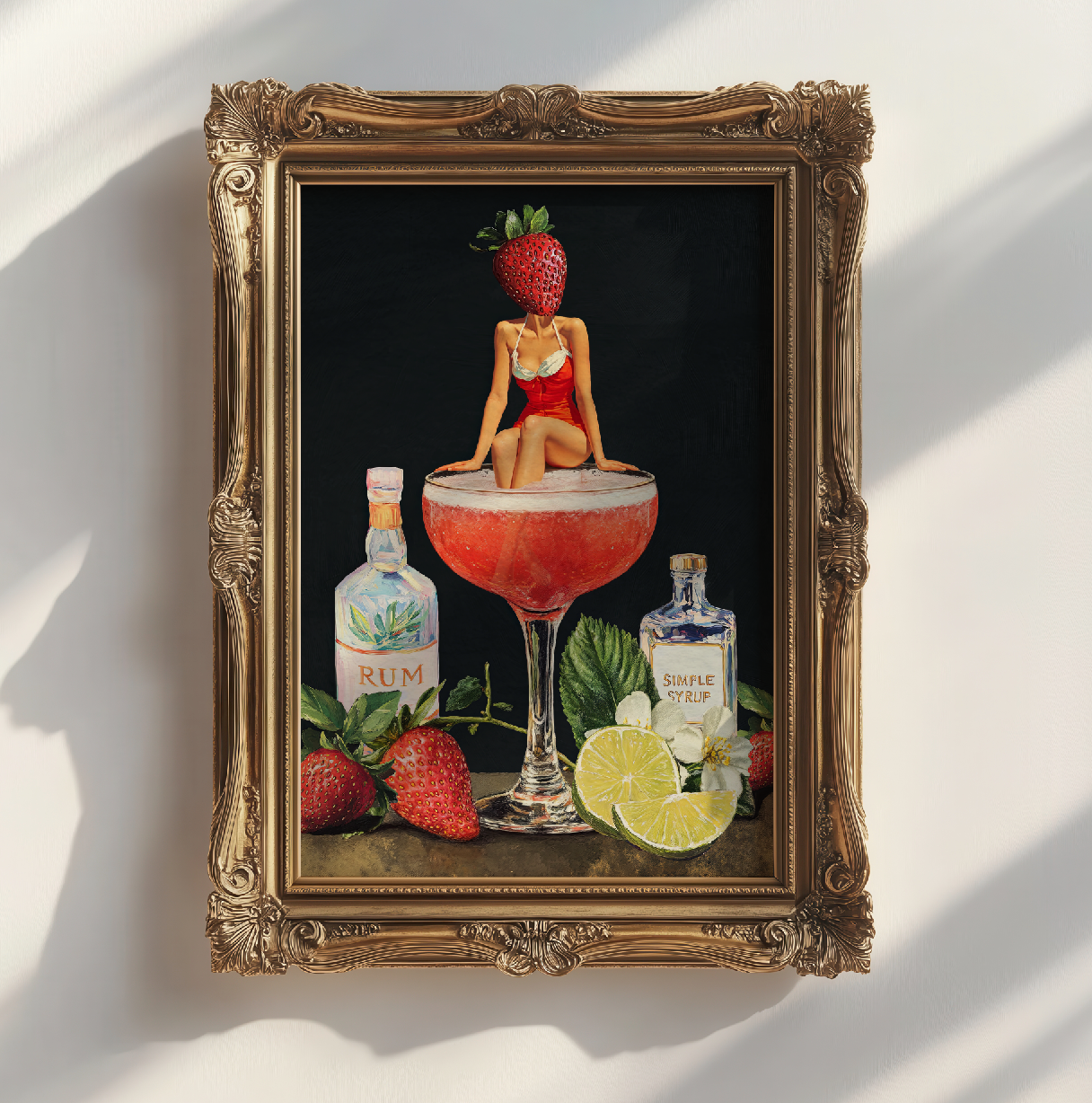 Strawberry Cocktail Girl Retro Wall Art – Vintage Pink Cocktail Poster, Surreal Bar Cart Decor, Funny Art Print, Girly Home Decor