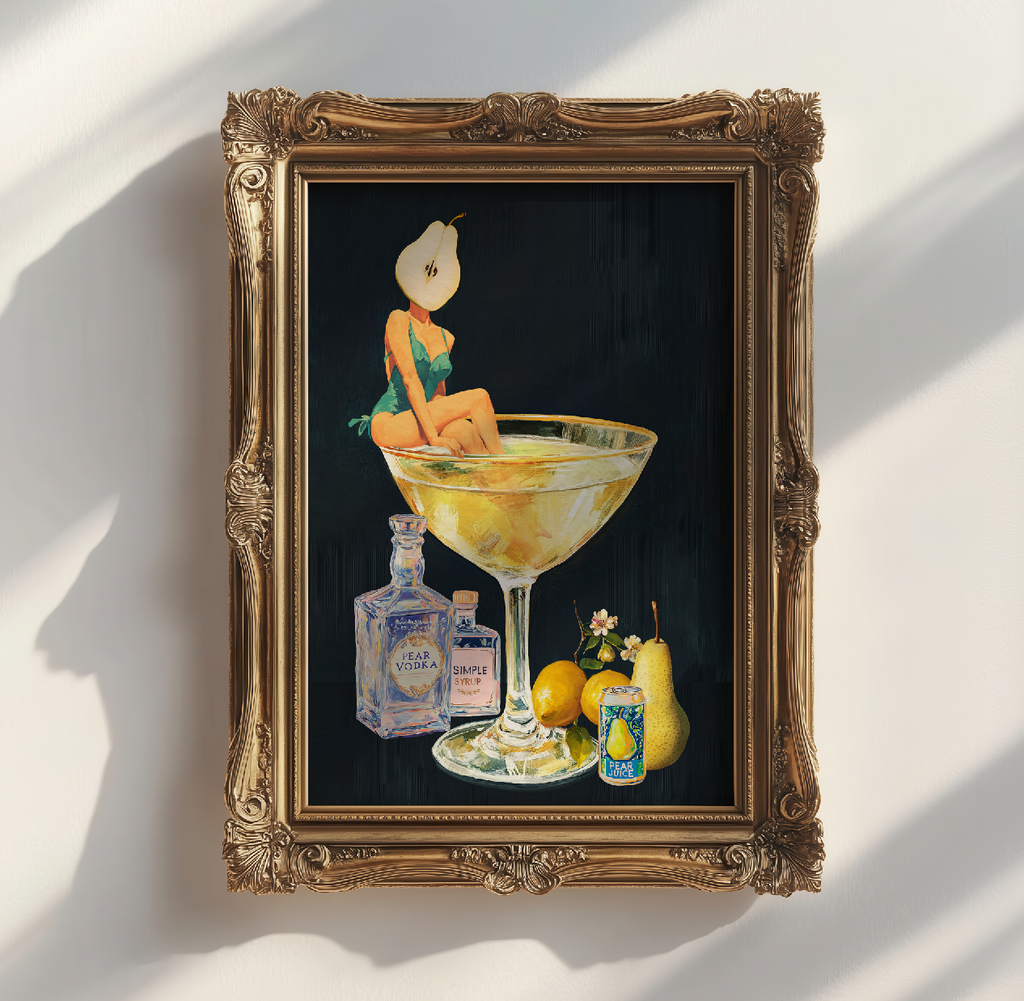 Golden Pear Martini Girl Retro Drink Art Print – Vintage Cocktail Poster, Surreal Bar Cart Decor, Funny Art Print, Girly Home Decor