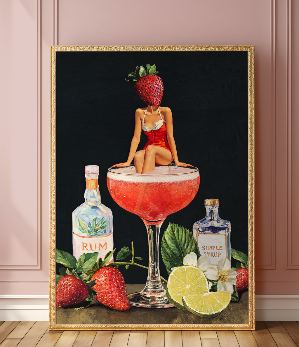 Strawberry Cocktail Girl Retro Wall Art – Vintage Pink Cocktail Poster, Surreal Bar Cart Decor, Funny Art Print, Girly Home Decor