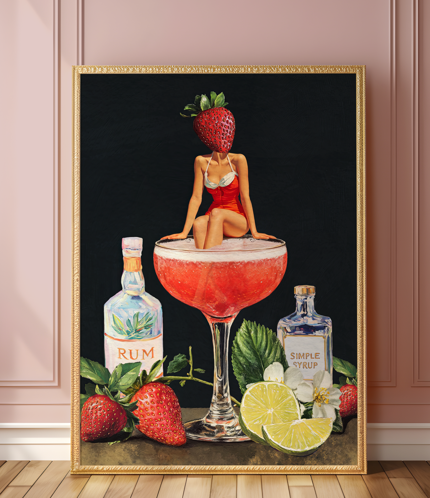 Strawberry Cocktail Girl Retro Wall Art – Vintage Pink Cocktail Poster, Surreal Bar Cart Decor, Funny Art Print, Girly Home Decor