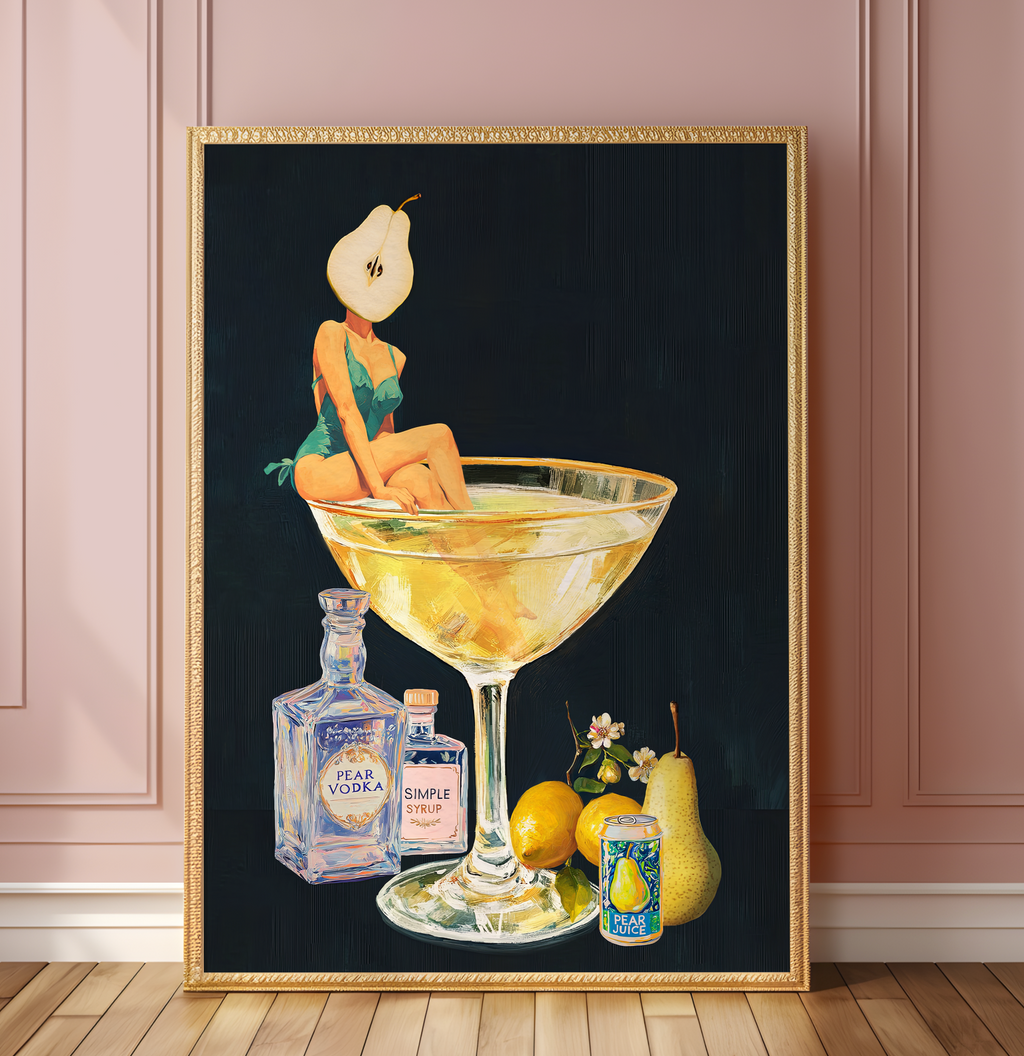 Golden Pear Martini Girl Retro Drink Art Print – Vintage Cocktail Poster, Surreal Bar Cart Decor, Funny Art Print, Girly Home Decor